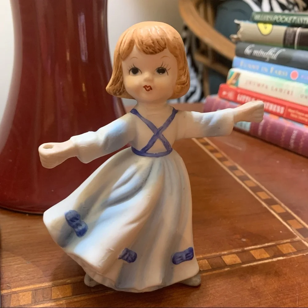 Vintage Blue Birthday Girl Candleholder Figurine Cake Topper Decoration Gift